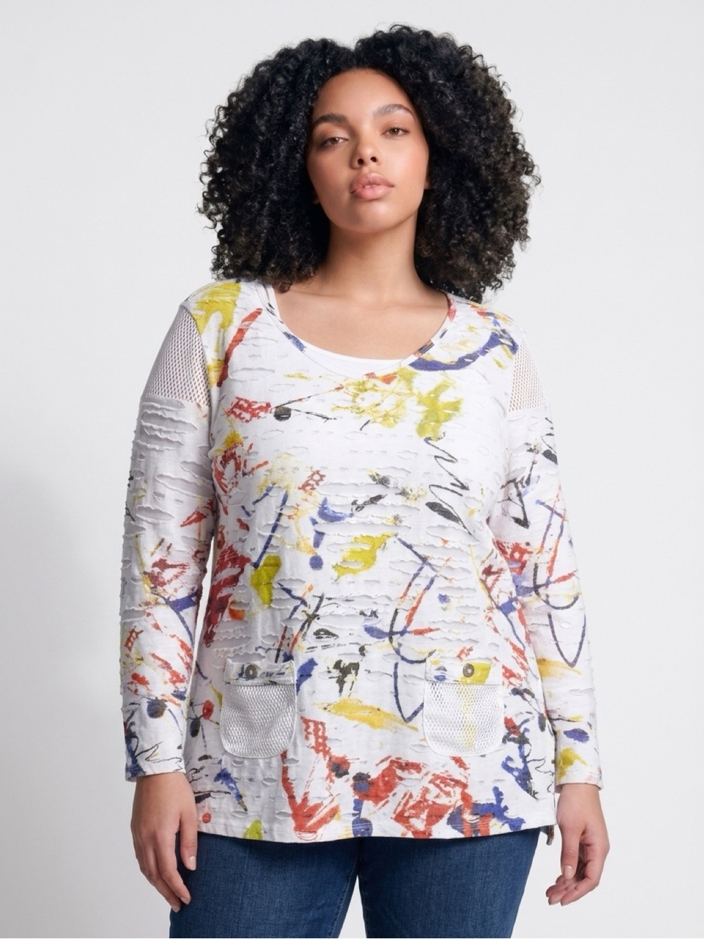 Ali Miles White Abstract Paint-Splash Long Sleeve Top